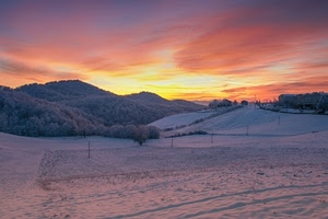 neve, tramonto, inverno, montagne, cielo, panorama, alba, alberi, montagna