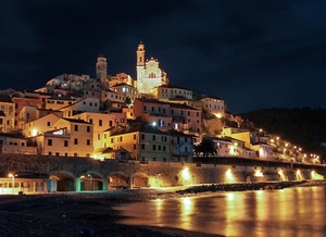 mare, notturno, luci, chiesa, città, borgo, archi, paese, paesaggio, riflessi, riflesso