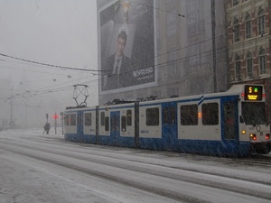 neve, tram, inverno, binari, fili, pubblicità, treno, blu, manifesto, città, bianco