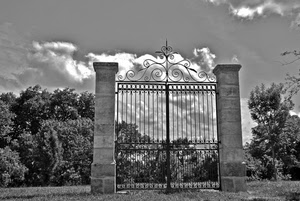 cancello, nuvole, cielo, alberi, bianconero, pilastri, colonne