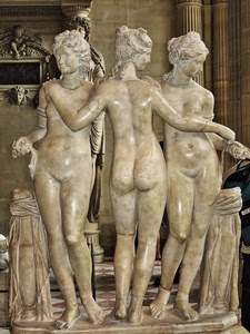 tre, statue, marmo, nudo, grazie, donne, sedere, sculture
