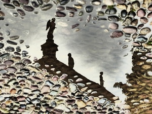 acqua, riflesso, statue, pozzanghera, angelo, sassi, strada