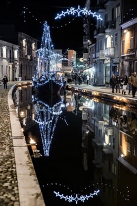 canale, riflesso, natale, luci, acqua, luminarie, barca, albero, decorazioni, notturno