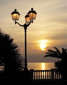 lampione, tramonto, mare, palme, sole, luci, balaustra, acqua, tre, palma, terrazza, riflesso