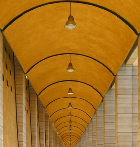 prospettiva, lampade, archi, lampioni, porticato, pilastri, giallo, colonne, luci, curve, fuga, marmo, soffitto, volta, portico, arancione, linee