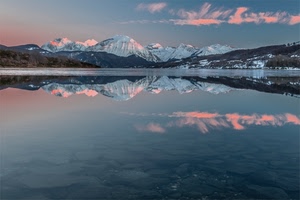 riflesso, lago, montagne, neve, nuvole, panorama, acqua, montagna, cielo, rosa, tramonto