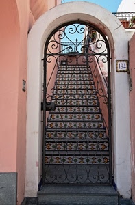 cancello, arco, scala, numero, ferro, cielo, rosa, scalini, scale, civico, ringhiera, serratura, azzurro, gradini, scalinata