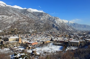 neve, panorama, città, montagne, cielo, inverno, montagna, case, paesaggio, alberi, paese, azzurro, chiesa, bianco