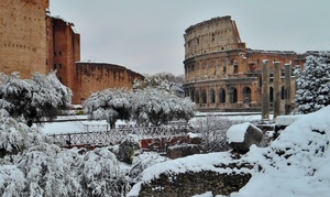 neve, inverno, colosseo, roma, alberi, colonne, cielo, bianco