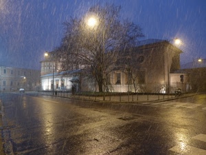 pioggia, lampioni, albero, luci, piazza, notte, sera, strada, maltempo, case