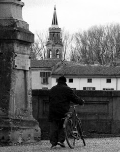 bicicletta, campanile, bianconero, uomo, alberi, bici, scorcio, monumento, persona