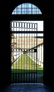 cancello, colonne, verde, arco, prospettiva, prato, ferro, aperto, ombra, controluce, viale