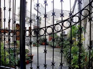 cancello, piante, vasi, cortile, verde, ferro, cerchi, case, balcone, porte, portone, finestre, condizionatore, metallo