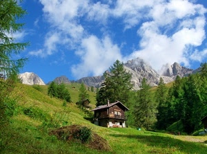 alberi, nuvole, cielo, montagna, verde, montagne, casa, baita, erba, azzurro, panorama, comignolo, abeti, casolare, prato, rami, chalet, bosco