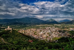 panorama, montagne, nuvole, città, castello, cielo, verde, alberi