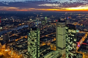 grattacieli, panorama, città, tramonto, fiume, luci, palazzi, grattacielo