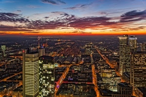 grattacieli, città, tramonto, nuvole, luci, cielo, strade, palazzi, panorama