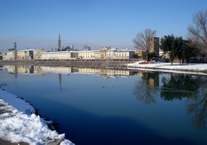 fiume, neve, riflesso, acqua, inverno, panorama, alberi, riflessi, palazzi, campanile