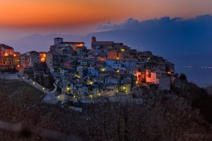luci, paese, tramonto, case, panorama, notte, borgo, nuvole, cielo