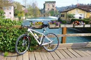 fiume, ponte, bicicletta, fiori, vasi, acqua, legno, case