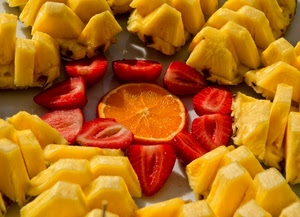 frutta, fragole, ananas, rosso, giallo, arancia, pezzi, arance, arancio