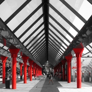 rosso, colonne, persone, tetto, stazione, prospettiva, passante, tettoia