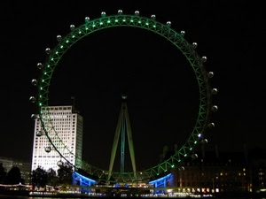 ruota, luci, grattacielo, cerchio, notturno, notte, panoramica, palazzo, verde, giostra