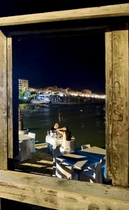 mare, finestra, tavoli, notte, coppia, legno, notturno, città, due, sedie, ristorante