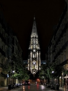 chiesa, notturno, strada, alberi, campanile, notte, luci, torre, guglia