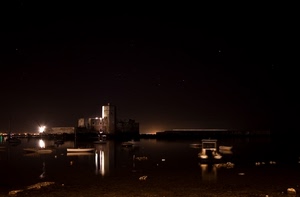 luci, barche, notturno, castello, mare, notte, acqua, torre, cielo, riflessi, riflesso, porto