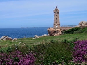 faro, mare, fiori, prato, rocce, verde, torre, sassi, cielo