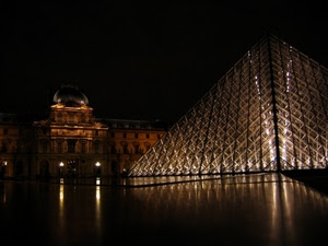 luci, parigi, notturno, notte, piramide, museo, piazza, vetro, riflessi, sera, nero, palazzo, città, louvre