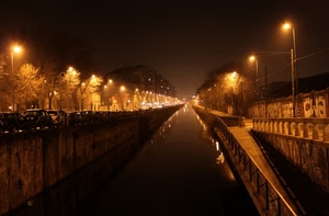 lampioni, luci, canale, notte, acqua, notturno, fiume, prospettiva, riflessi, riflesso