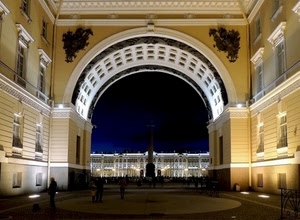 arco, luci, piazza, notte, giallo, palazzo, colonna, blu, finestre, notturno