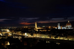 notturno, cupola, firenze, luci, panorama, notte, fiume, città, ponte, campanile, torre