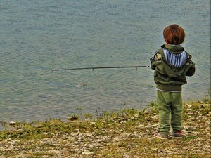 canna, bambino, acqua, pescare, pesca, fiume, riva, erba, verde