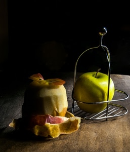 buccia, mele, frutta, tavolo, verde, mela, due, bucce, cibo, giallo