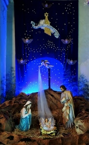 presepe, statue, natività, madonna, natale, stella, paglia, blu, bambino, giuseppe, angelo