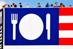 coltello, forchetta, piatto, persone, blu, bandiera, expo, rosso, posate, bianco