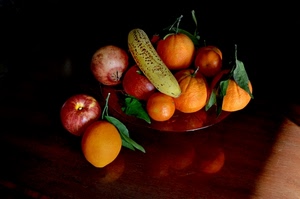 frutta, arance, mele, banana, tavolo, foglie, banane, composizione, cesto, riflesso