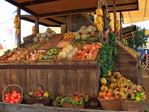 frutta, banane, banco, meloni, cesti, mercato, bancarella, mele, verdura, ceste