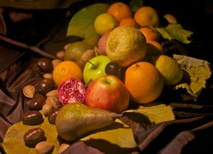 frutta, castagne, mele, pera, pere, limoni, foglie, aranci, mela