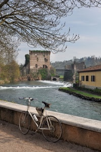 fiume, bicicletta, torre, acqua, parapetto, muretto, ponte, cascata