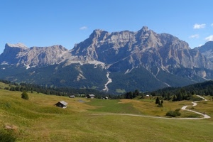 strada, montagne, alberi, montagna, case, panorama, prati, prato, verde, cielo