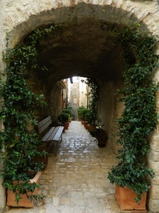 piante, panchina, arco, vasi, verde, vicolo, foglie, mattoni, tunnel