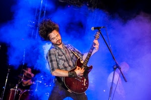 chitarra, musicista, microfono, musica, concerto, blu, asta, spettacolo, chitarrista