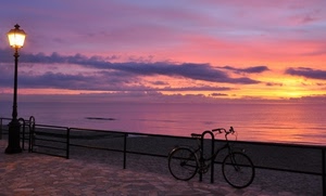 lampione, bicicletta, mare, tramonto, spiaggia, alba, luce