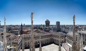 statue, guglie, milano, panorama, piazza, cielo, duomo, grattacieli, città
