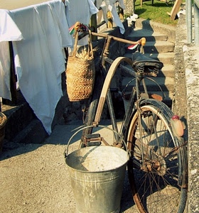 bicicletta, secchio, borsa, panni, sporta, scale, lenzuola, paglia, secchi