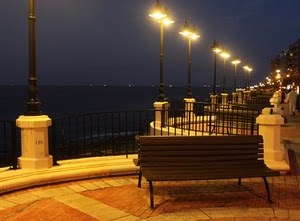 lampioni, mare, panchine, luci, notte, panchina, lungomare, notturno, ringhiera, cielo